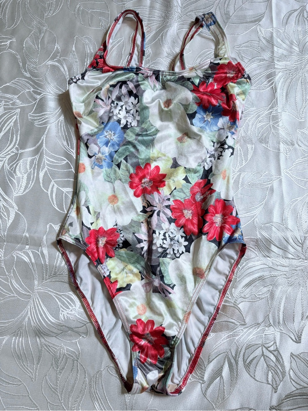Vintage Christina Floral One-Piece Swimsuit - White, Red & Blue Flowers - 10